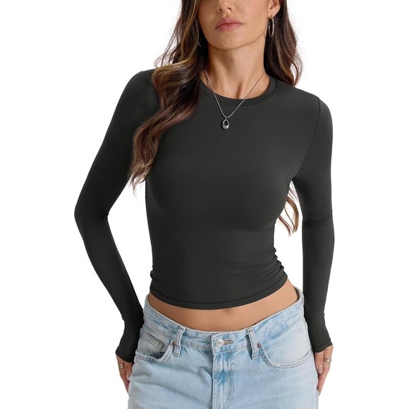 Women's Double Lined Long Sleeve Crop Top Fitted Crew Neck T Shirt - Picture 3 of 6